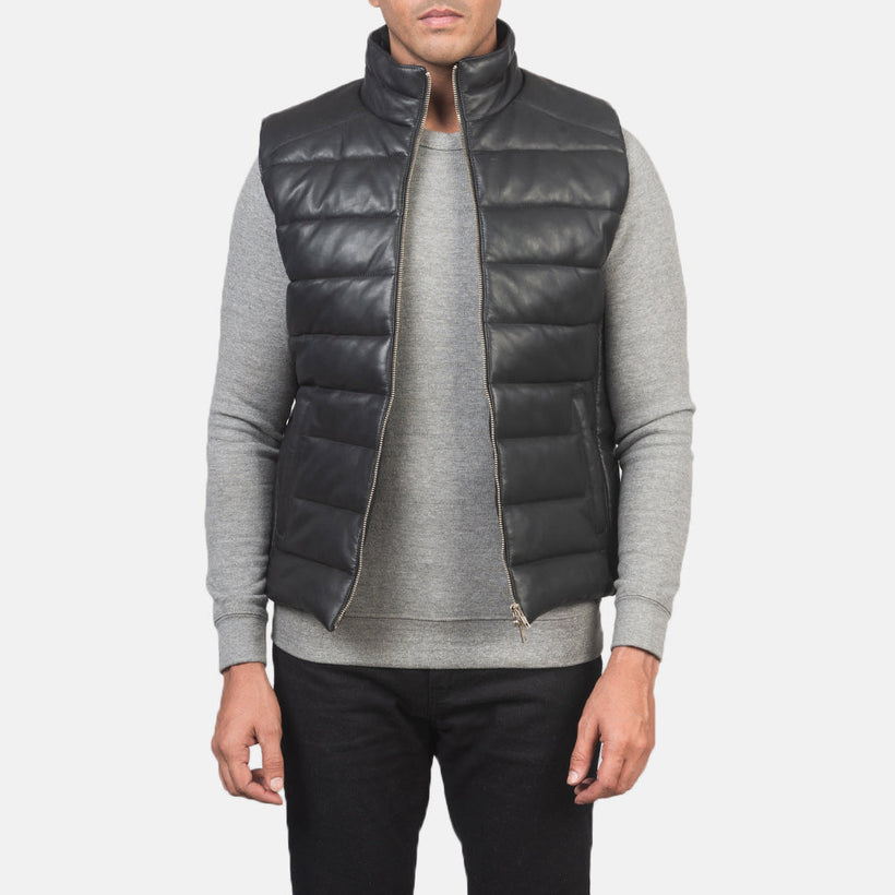 Reeves Preto Leather Puffer Vest para Homem