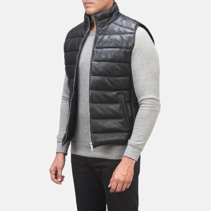 Reeves Preto Leather Puffer Vest para Homem