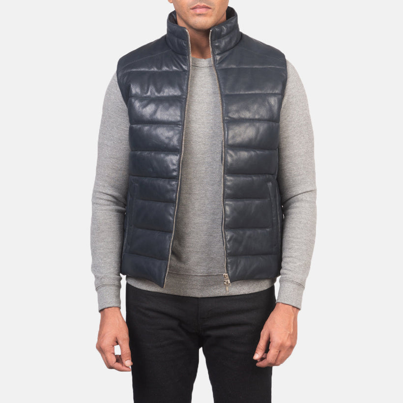 Reeves Azul Leather Puffer Vest para Homem