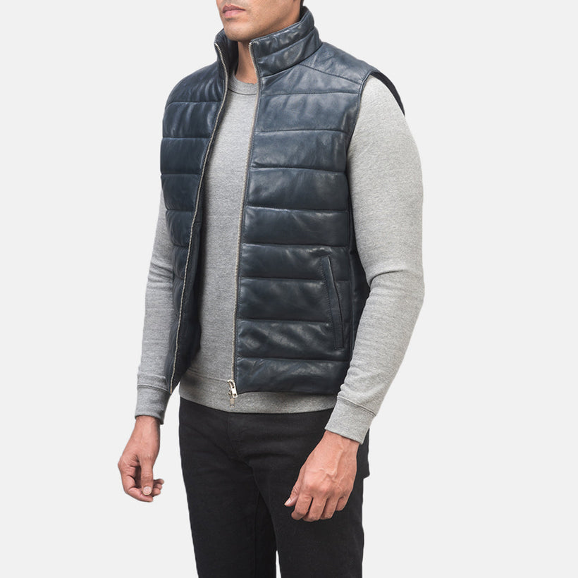 Reeves Azul Leather Puffer Vest para Homem