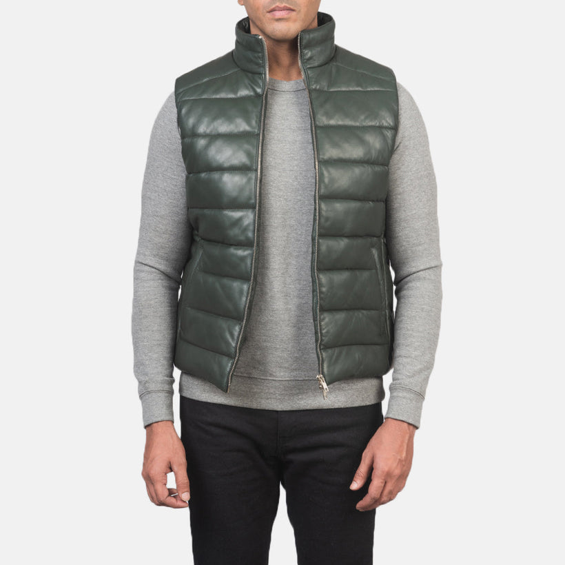 Reeves Verde Leather Puffer Vest para Homem