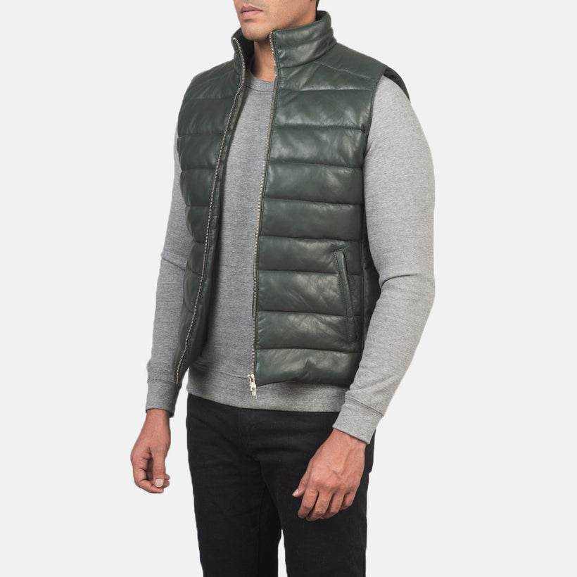 Reeves Verde Leather Puffer Vest para Homem