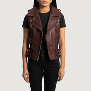 
Maroon Sheepskin Leather Biker Jacket - Vista traseira com ombros definidos e bainha impecável