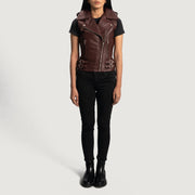 
Vista detalhada of Notch & Zipper Hardware on Rhonda Bordô Leather Biker Vest para Mulher