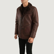 
Distressed Brown Sheepskin Burnishing Aviator Jacket - Vista traseira com ombros definidos e bainha impecável
