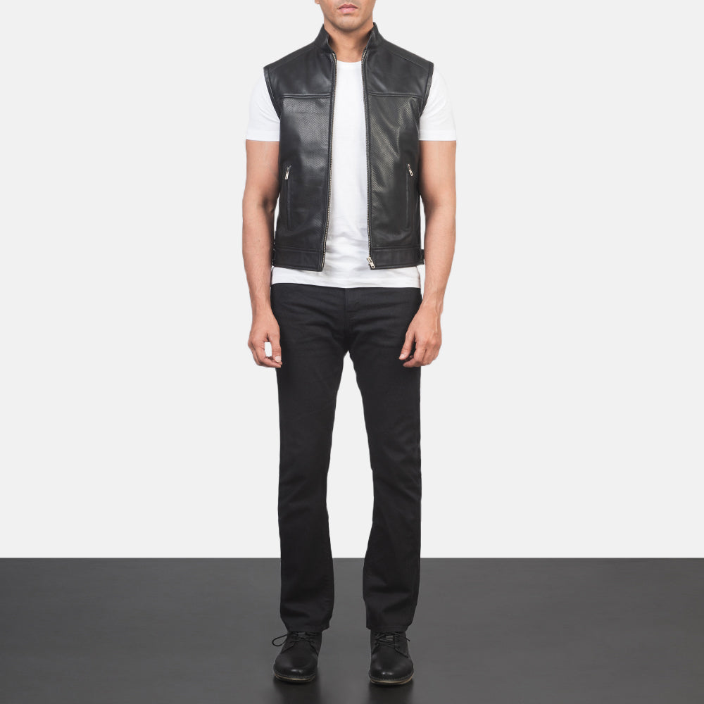 
Roland Preto Leather Biker Vest para Homem - Vista lateral mostrando o corte ergonómico de mangas