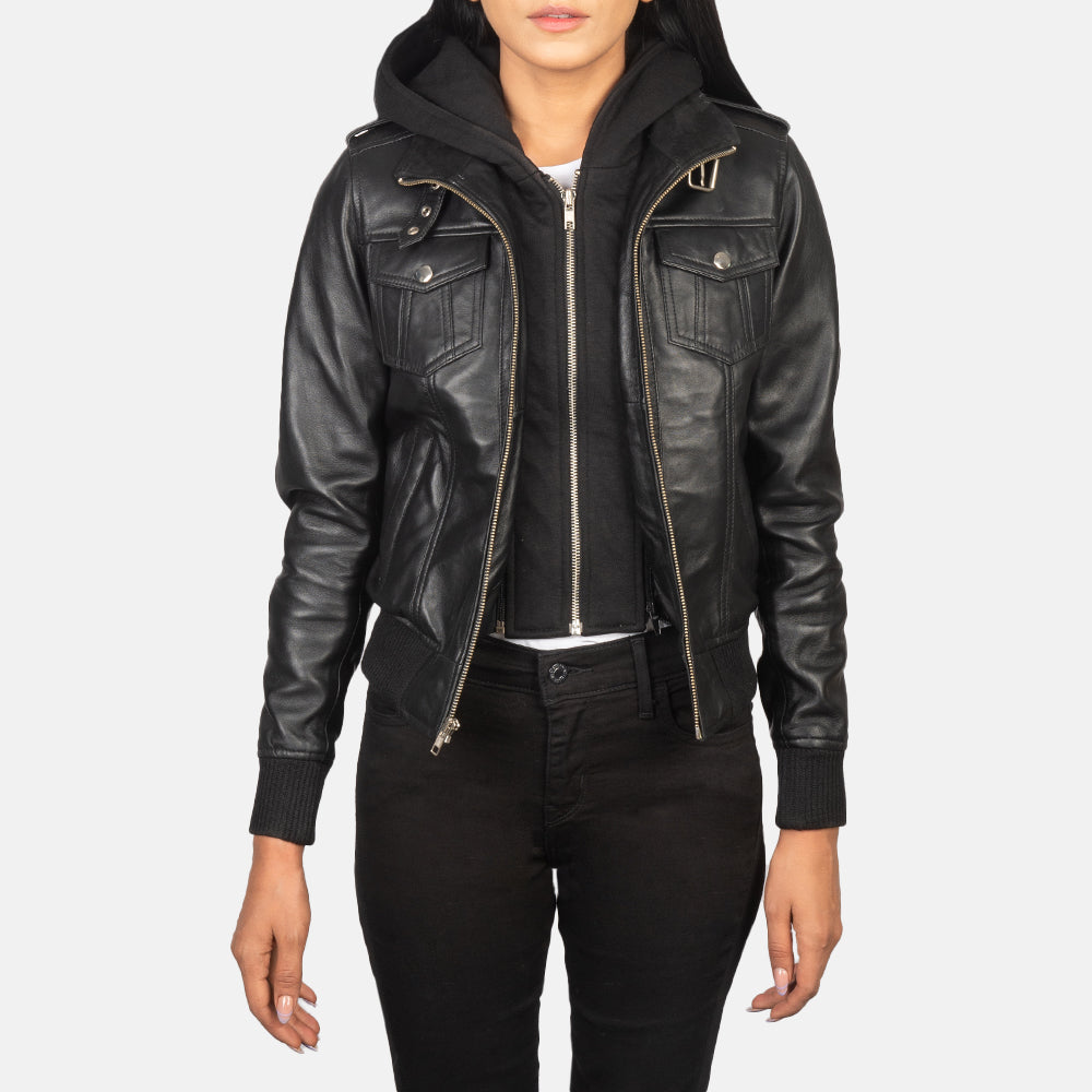 Roslyn Hooded Blusão Bomber de Couro para Mulher – alternate product view 1