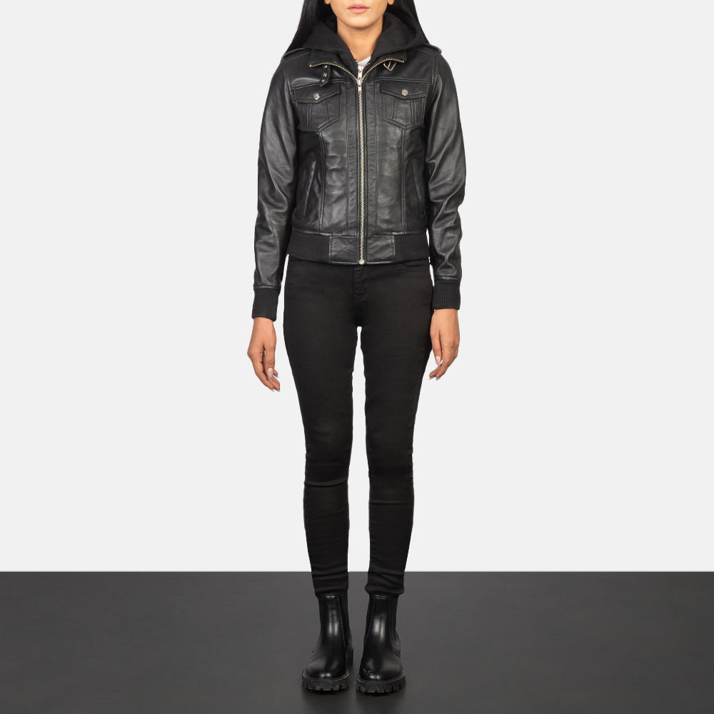 Roslyn Hooded Blusão Bomber de Couro para Mulher – alternate product view 3