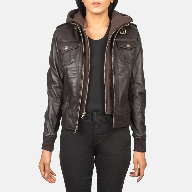 Roslyn Hooded Jaqueta Bomber de Couro para Mulher