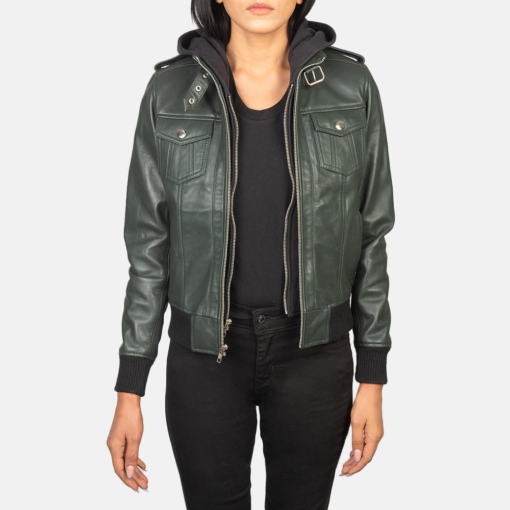 Roslyn Hooded Blusão Bomber de Couro para Mulher – alternate product view 1