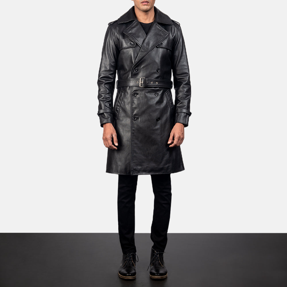 Men's Royson Preto Leather Duster Casaco de Couro para Homem in Black Cowhide Leather - Front Profile View &amp; Tailored Silhouette | Buy Online
