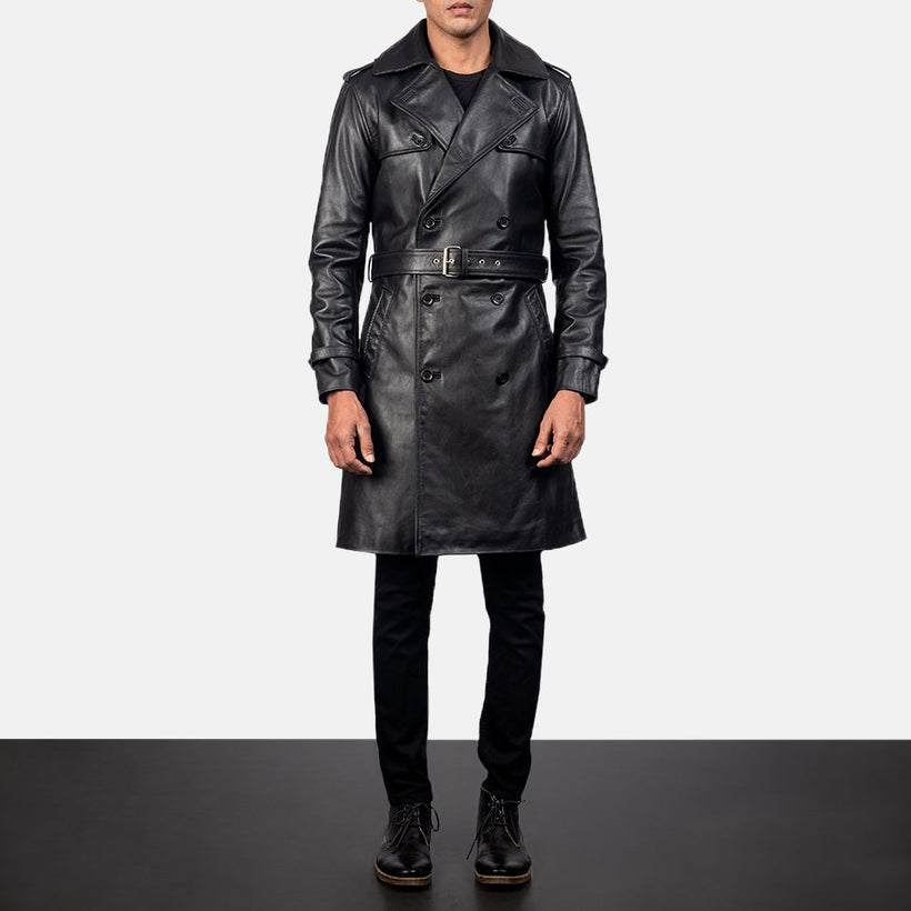 Royson Preto Leather Duster Casaco em Couro para Homem