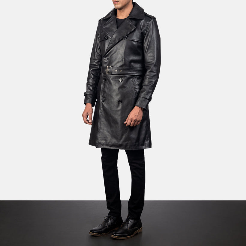 Royson Preto Leather Duster Casaco em Couro para Homem