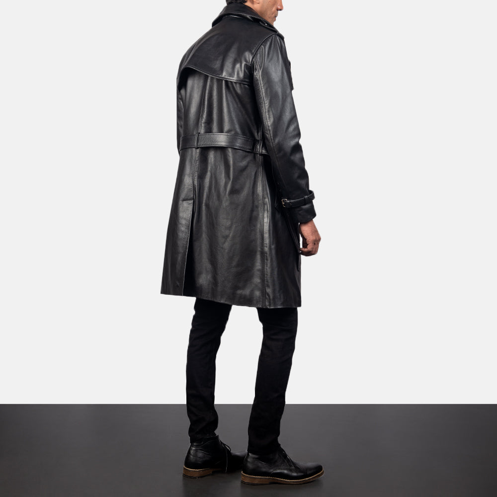 Men's Royson Preto Leather Duster Casaco de Couro para Homem - Lateral Side Profile View Showing Sleeve Cut &amp; Athletic Taper Fit