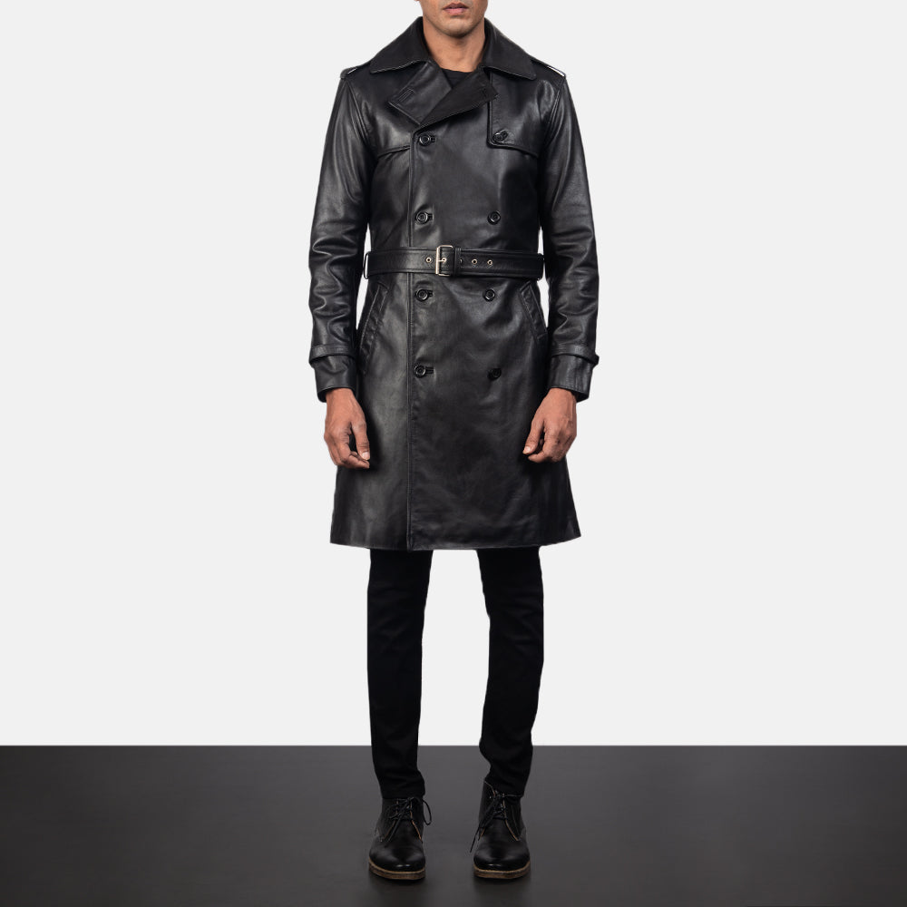 Close-Up Detail of Shirt &amp; Heavy-Duty Zipper Hardware on Men's Royson Preto Leather Duster Casaco de Couro para Homem