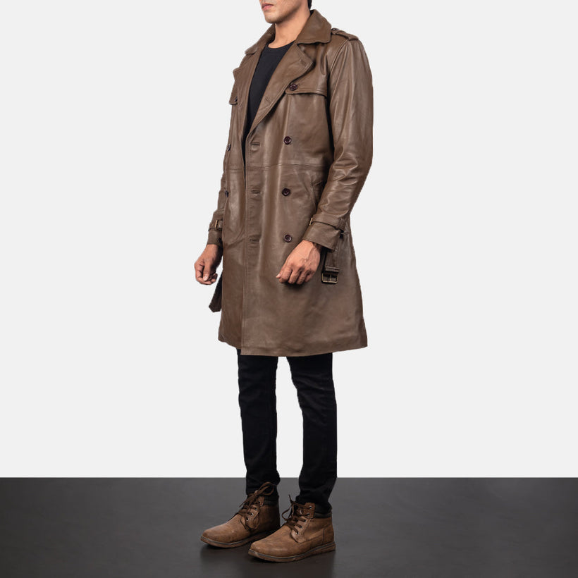 Royson Castanho Leather Duster Casaco em Couro para Homem