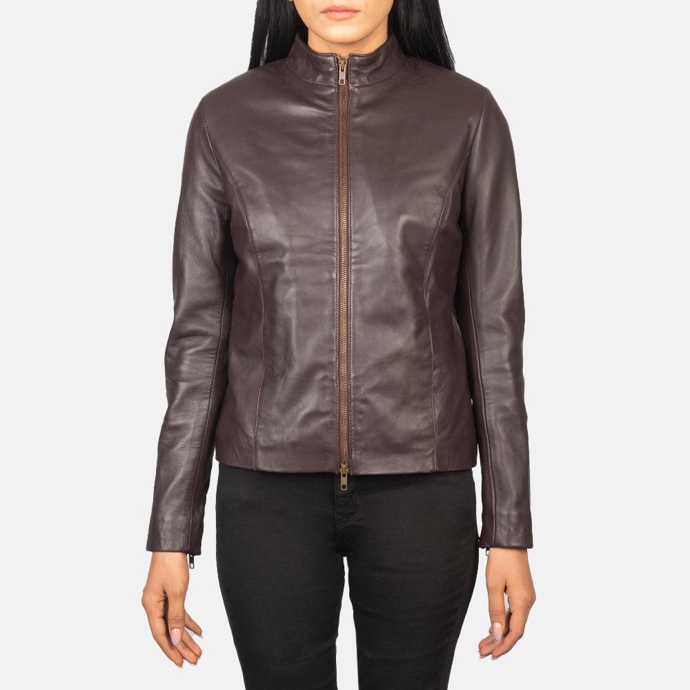 
Vista detalhada of Mandarin & Zipper with Dual Puller Hardware on Rumella Maroon Leather Biker Jacket