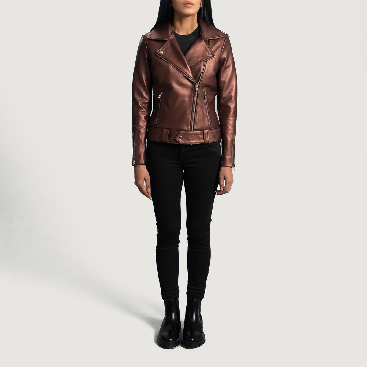 
Vista detalhada of Notch & Zipper Hardware on Rumy Maroon Leather Biker Jacket
