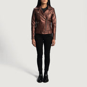 
Vista detalhada of Notch & Zipper Hardware on Rumy Maroon Leather Biker Jacket
