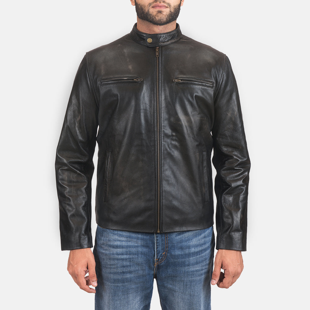 
Rustic Black Leather Biker Jacket in Distressed Black Cowhide Leather - Vista frontal e silhueta ajustada | Comprar online