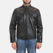 
Rustic Black Leather Biker Jacket in Distressed Black Cowhide Leather - Vista frontal e silhueta ajustada | Comprar online
