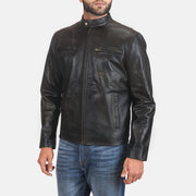 
Distressed Black Cowhide Leather Biker Jacket - Vista traseira com ombros definidos e bainha impecável