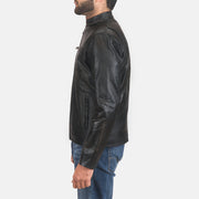 
Rustic Black Leather Biker Jacket - Vista lateral mostrando o corte ergonómico de mangas