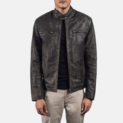 
Open hem & Hem Craftsmanship Construction Detail on Rustic Black Leather Biker Jacket