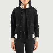 
Sasha A1 Black Suede Bomber Jacket in Black Goatskin Suede - Vista frontal e silhueta ajustada | Comprar online