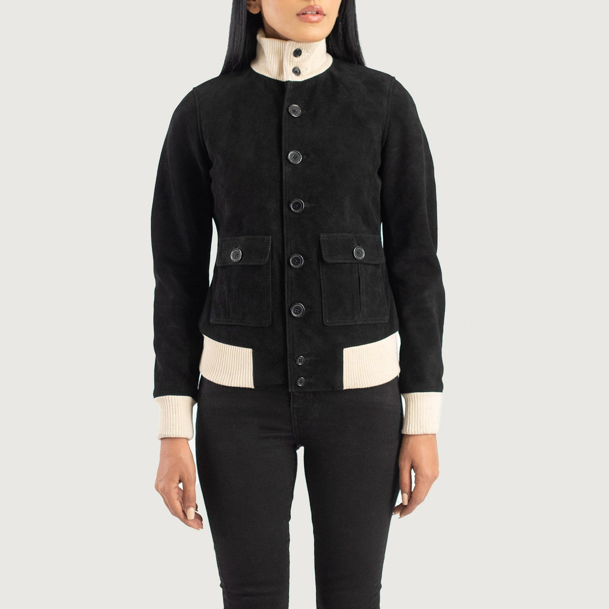
Vista detalhada of Knit Rib & Buttons Hardware on Sasha A1 Black Suede Bomber Jacket