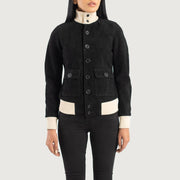 
Vista detalhada of Knit Rib & Buttons Hardware on Sasha A1 Black Suede Bomber Jacket