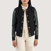 Savant Green Hybrid Varsity Jacket in Green Sheepskin Leather - Front Profile View &amp; Tailored Silhouette | Buy Online