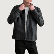 Scout Preto Leather Shirt para Homem in Black Sheepskin Leather - Front Profile View &amp; Tailored Silhouette | Buy Online