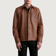 Scout Matte Castanho Leather Shirt para Homem in Matte Brown Cowhide Leather - Front Profile View &amp; Tailored Silhouette | Buy Online