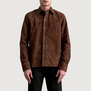 
Scout Mocha Suede Leather Shirt para Homem para Homem - Vista lateral mostrando o corte ergonómico de mangas