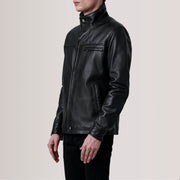 Sean Preto Leather Classic Blusão de Couro para Homem For Men - Lateral Side Profile View Showing Sleeve Cut &amp; Athletic Taper Fit