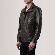Sean Castanho Leather Classic Blusão de Couro para Homem For Men - Lateral Side Profile View Showing Sleeve Cut &amp; Athletic Taper Fit