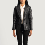Women's Selina Preto Blazer de Couro de Couro para Mulher in Black Sheepskin Leather - Front Profile View &amp; Tailored Silhouette | Buy Online