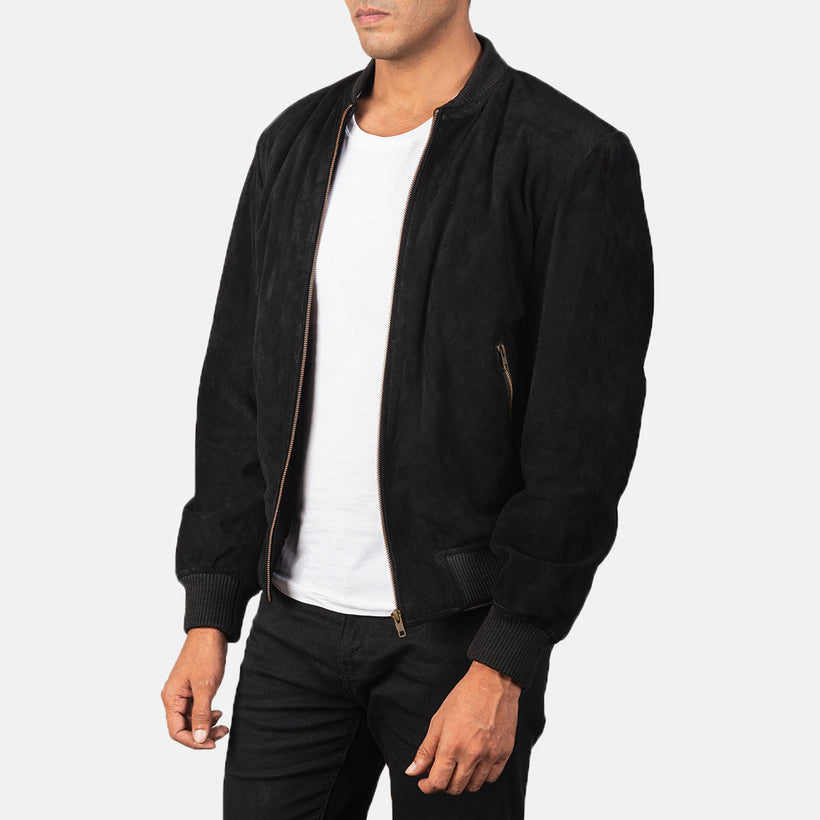 Shane Preto Suede Jaqueta Bomber de Couro para Homem