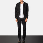 Men's Shane Preto Suede Blusão Bomber de Couro para Homem - Lateral Side Profile View Showing Sleeve Cut &amp; Athletic Taper Fit