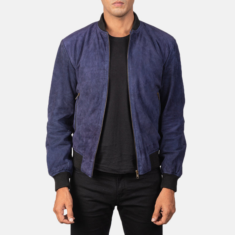 Shane Azul Suede Blusão Bomber de Couro para Homem