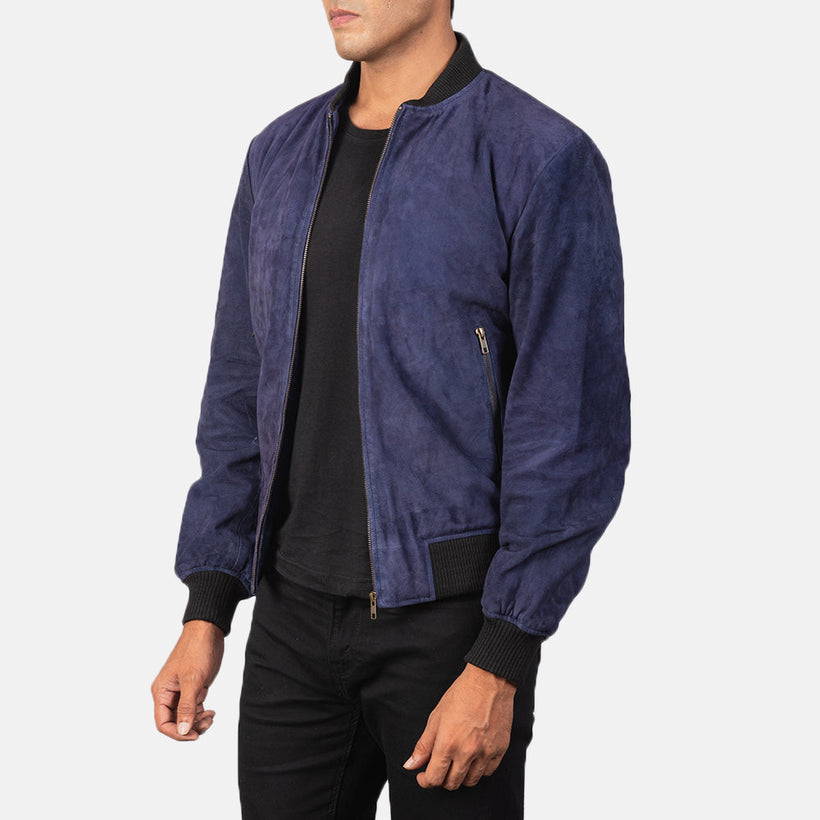 Shane Azul Suede Blusão Bomber de Couro para Homem