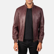 Men's Shane Bordô Blusão Bomber de Couro para Homem in Maroon Sheepskin Leather - Front Profile View &amp; Tailored Silhouette | Buy Online