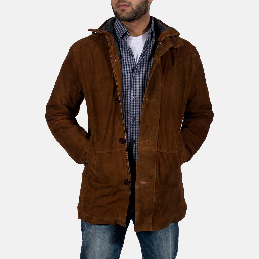 Men's Sheriff Castanho Blusão de Camurça para Homem in Brown Goatskin Suede - Front Profile View &amp; Tailored Silhouette | Buy Online