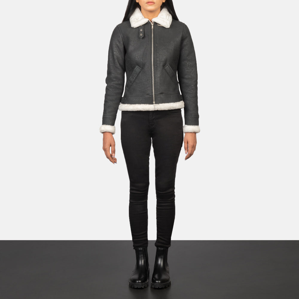 
Sherilyn B-3 Preto Jaqueta Bomber de Couro para Mulher – alternate product view 3