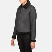 
Distressed Black Sheepskin Snuffed Bomber Jacket - Vista traseira com ombros definidos e bainha impecável