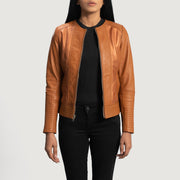 Women's Sleeky Clean Castanho Claro Blusão Biker de Couro para Mulher in Tan Brown Sheepskin Leather - Front Profile View &amp; Tailored Silhouette | Buy Online