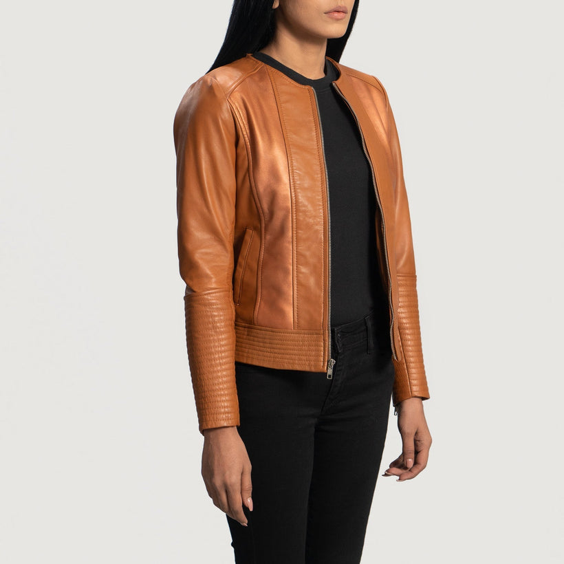 Sleeky Clean Castanho Claro Blusão Biker de Couro para Mulher