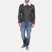 
Vista detalhada of Shirt style Faux Shearling Collar & Zipper + Button Flap Hardware on Snow Cole Preto Jaqueta de Couro para Homem