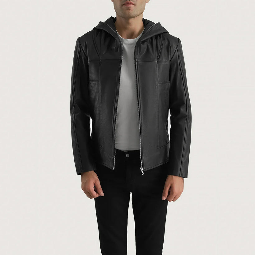 Spratt Preto Hooded Jaqueta de Couro para Homem